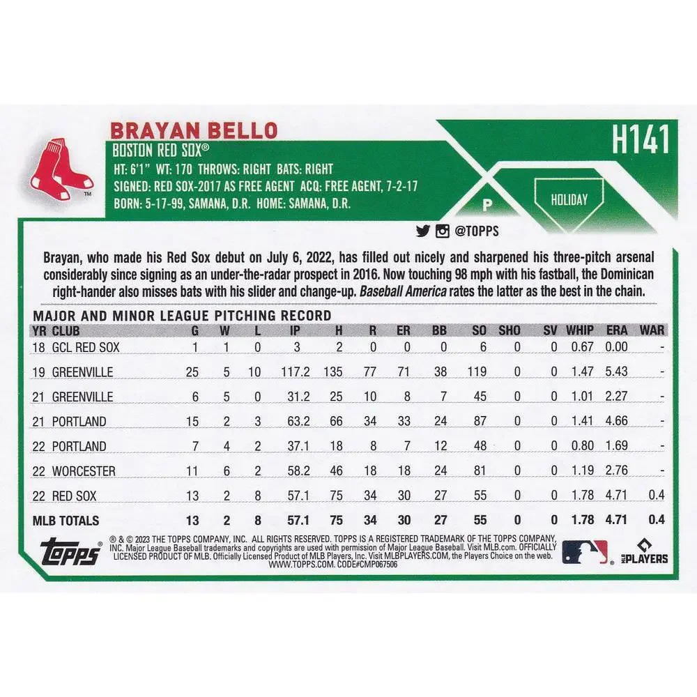 2023 Topps Holiday Brayan Bello RC H141 Boston Red Sox